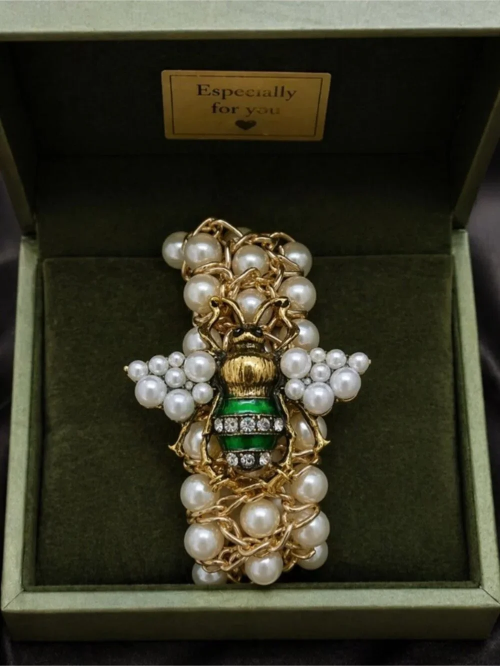 Gold Pearl Bracelet with Green Bee Accent
